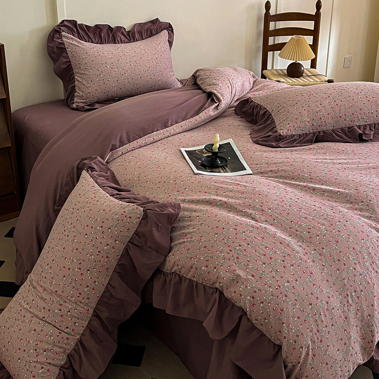 91家纺网 家纺一手货源 找家纺 梦莱斯 2025新款高克重云感棉四件套-花边款 樱桃季