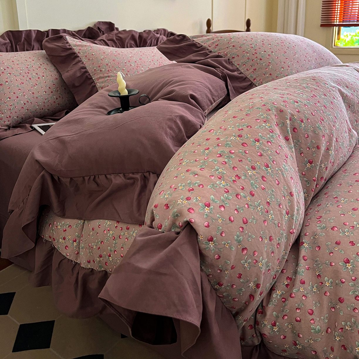 91家纺网 家纺一手货源 找家纺 梦莱斯 2025新款高克重云感棉四件套-花边款 樱桃季