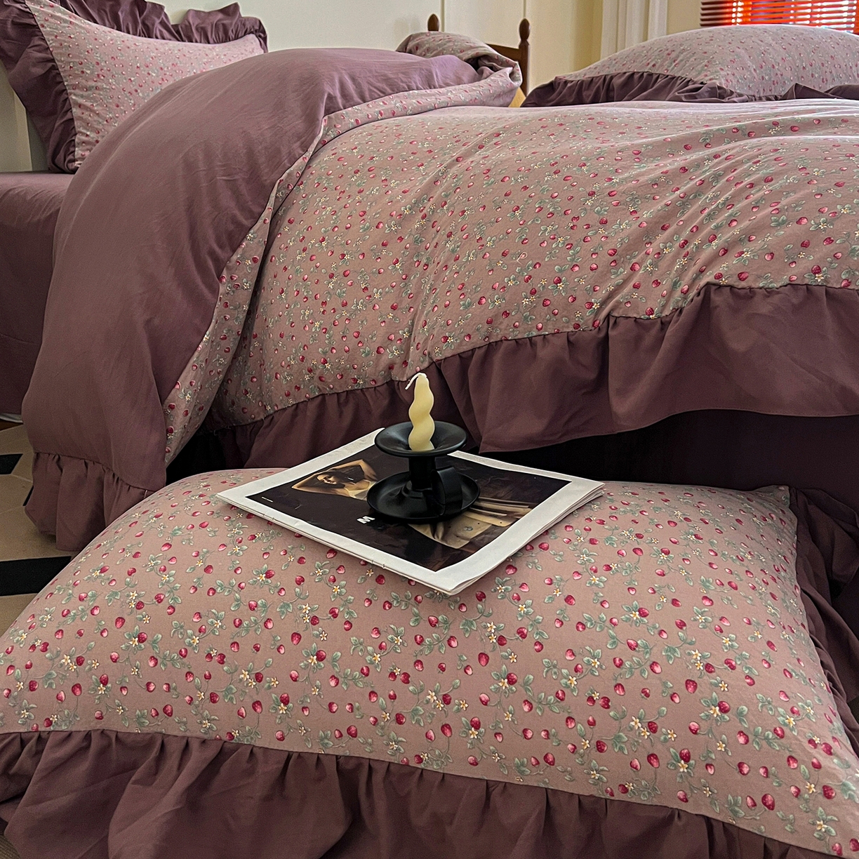 91家纺网 家纺一手货源 找家纺 梦莱斯 2025新款高克重云感棉四件套-花边款 樱桃季