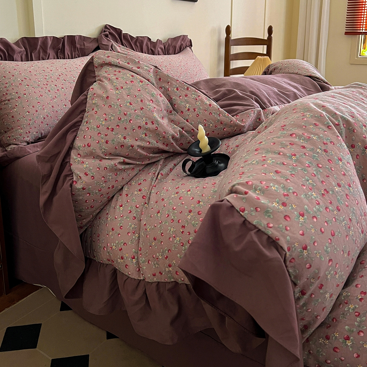 91家纺网 家纺一手货源 找家纺 梦莱斯 2025新款高克重云感棉四件套-花边款 樱桃季