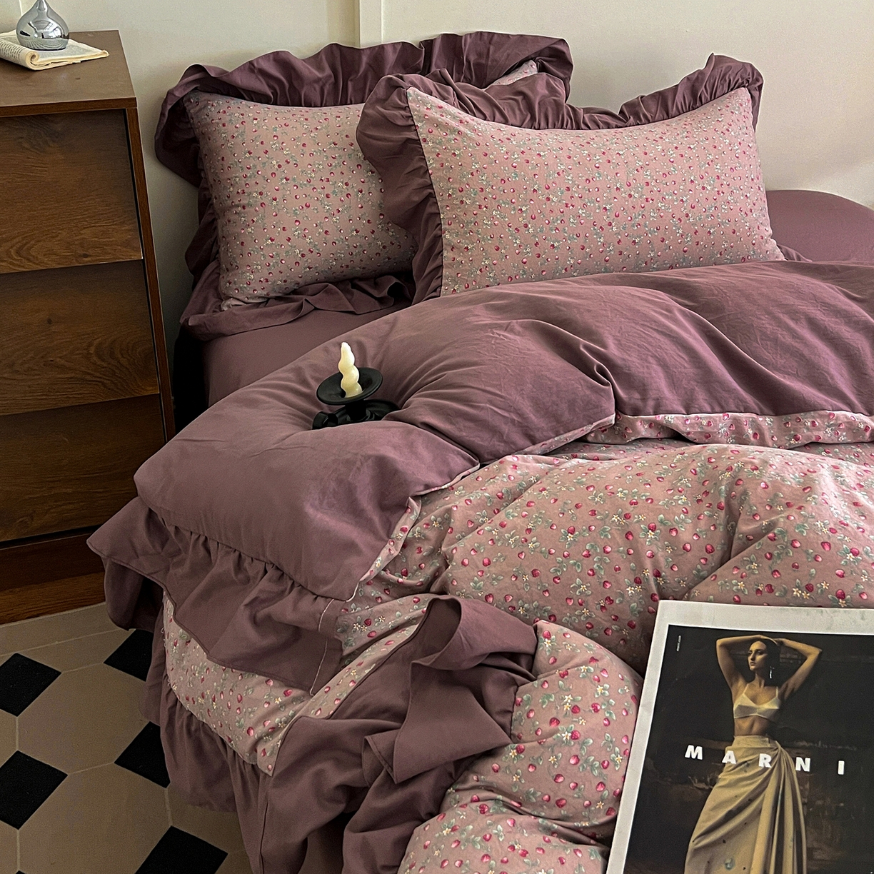 91家纺网 家纺一手货源 找家纺 梦莱斯 2025新款高克重云感棉四件套-花边款 樱桃季