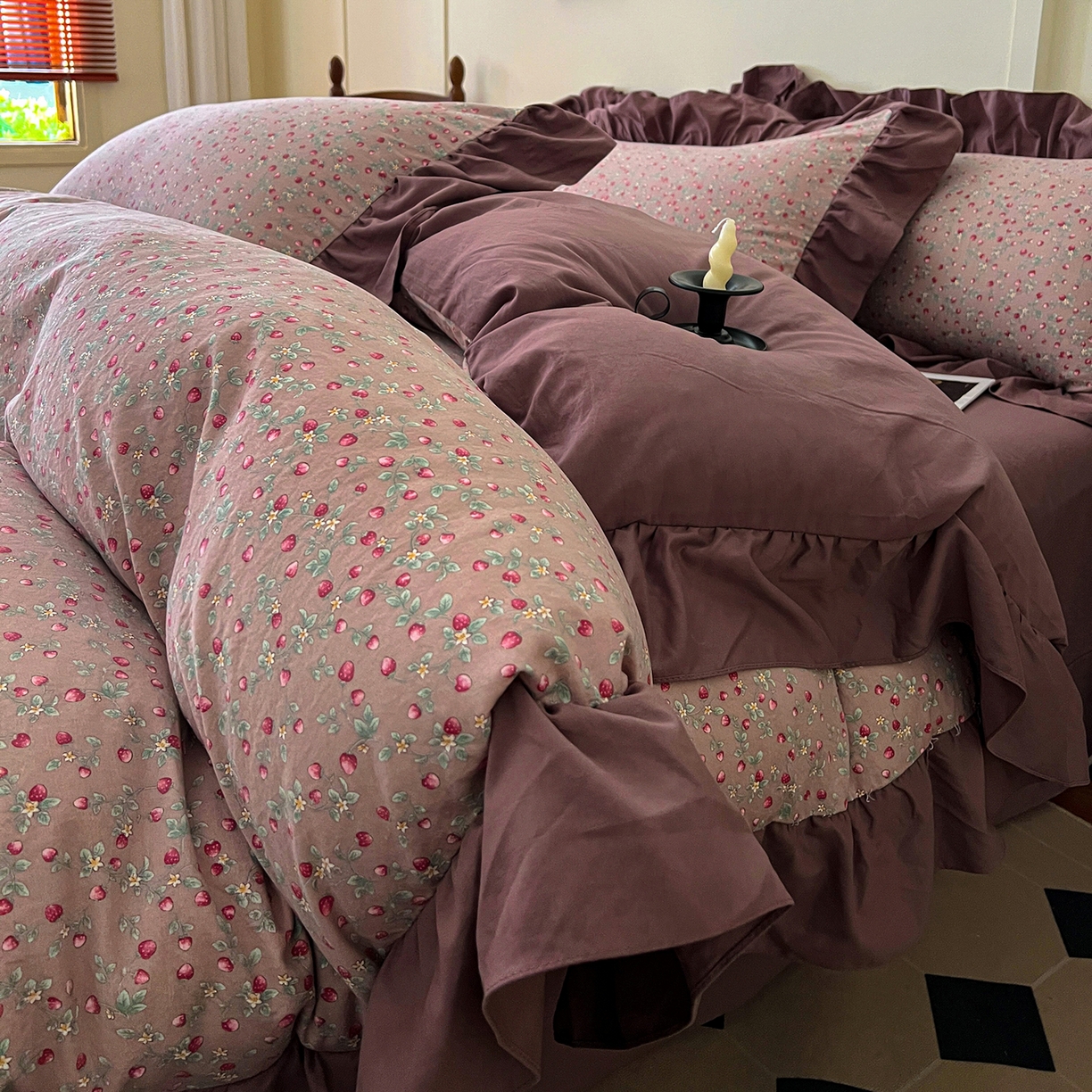 91家纺网 家纺一手货源 找家纺 梦莱斯 2025新款高克重云感棉四件套-花边款 樱桃季