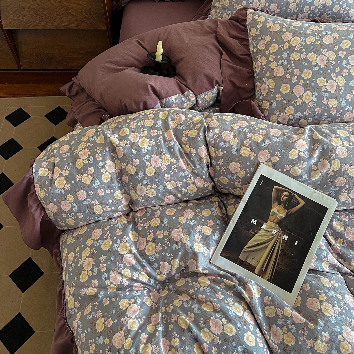 91家纺网 家纺一手货源 找家纺 梦莱斯 2025新款高克重云感棉四件套-花边款 花盏灰