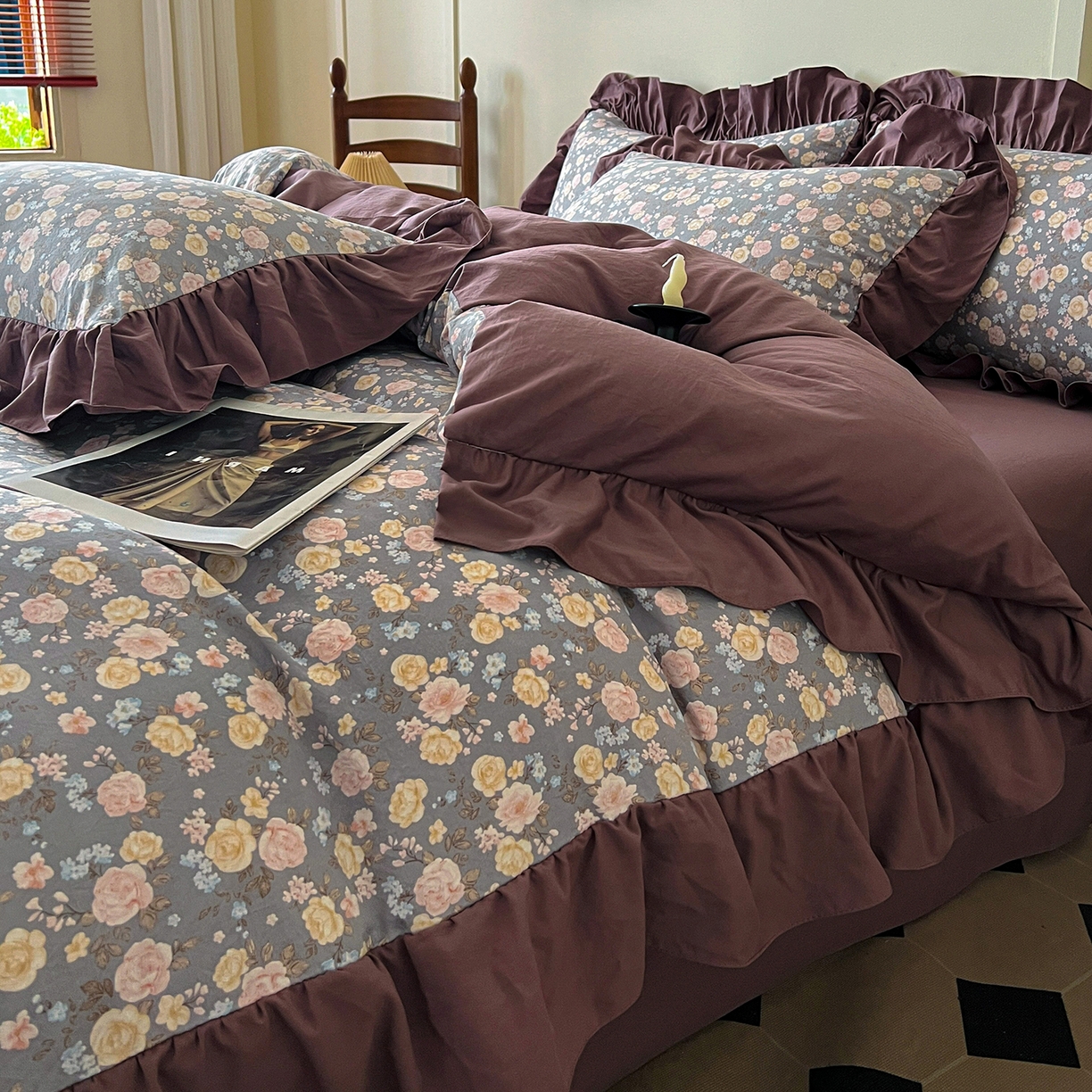 91家纺网 家纺一手货源 找家纺 梦莱斯 2025新款高克重云感棉四件套-花边款 花盏灰