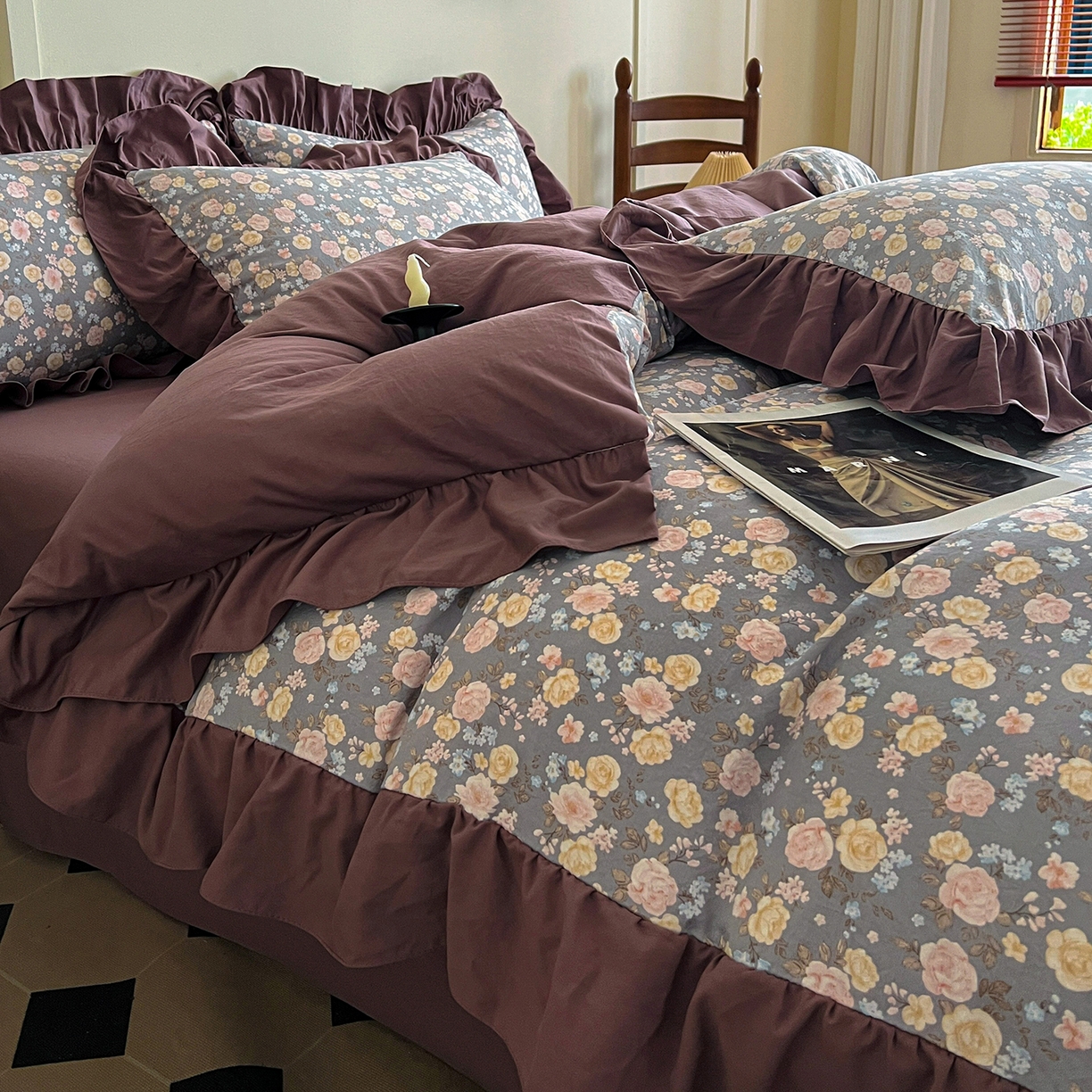 91家纺网 家纺一手货源 找家纺 梦莱斯 2025新款高克重云感棉四件套-花边款 花盏灰