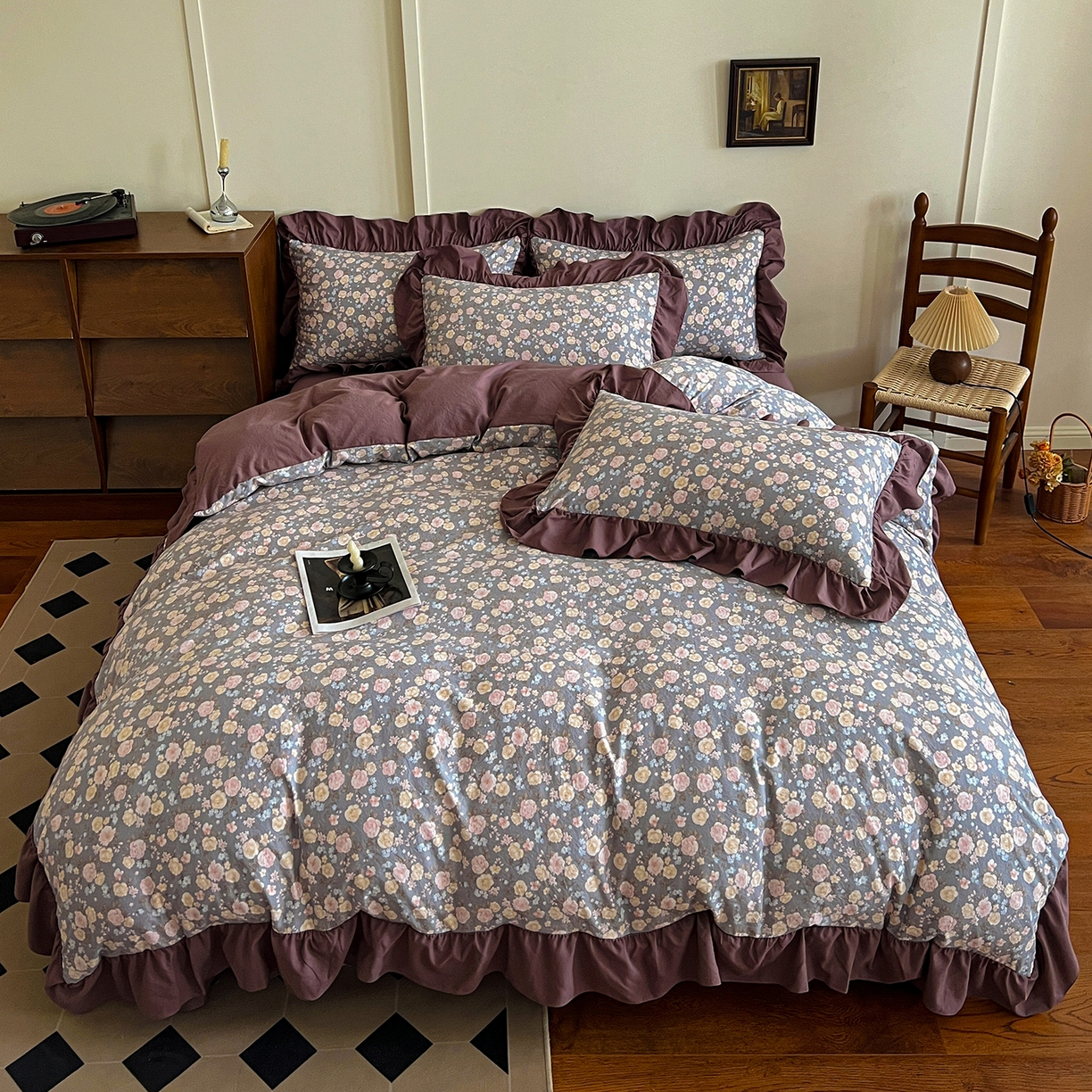 91家纺网 家纺一手货源 找家纺 梦莱斯 2025新款高克重云感棉四件套-花边款 花盏灰