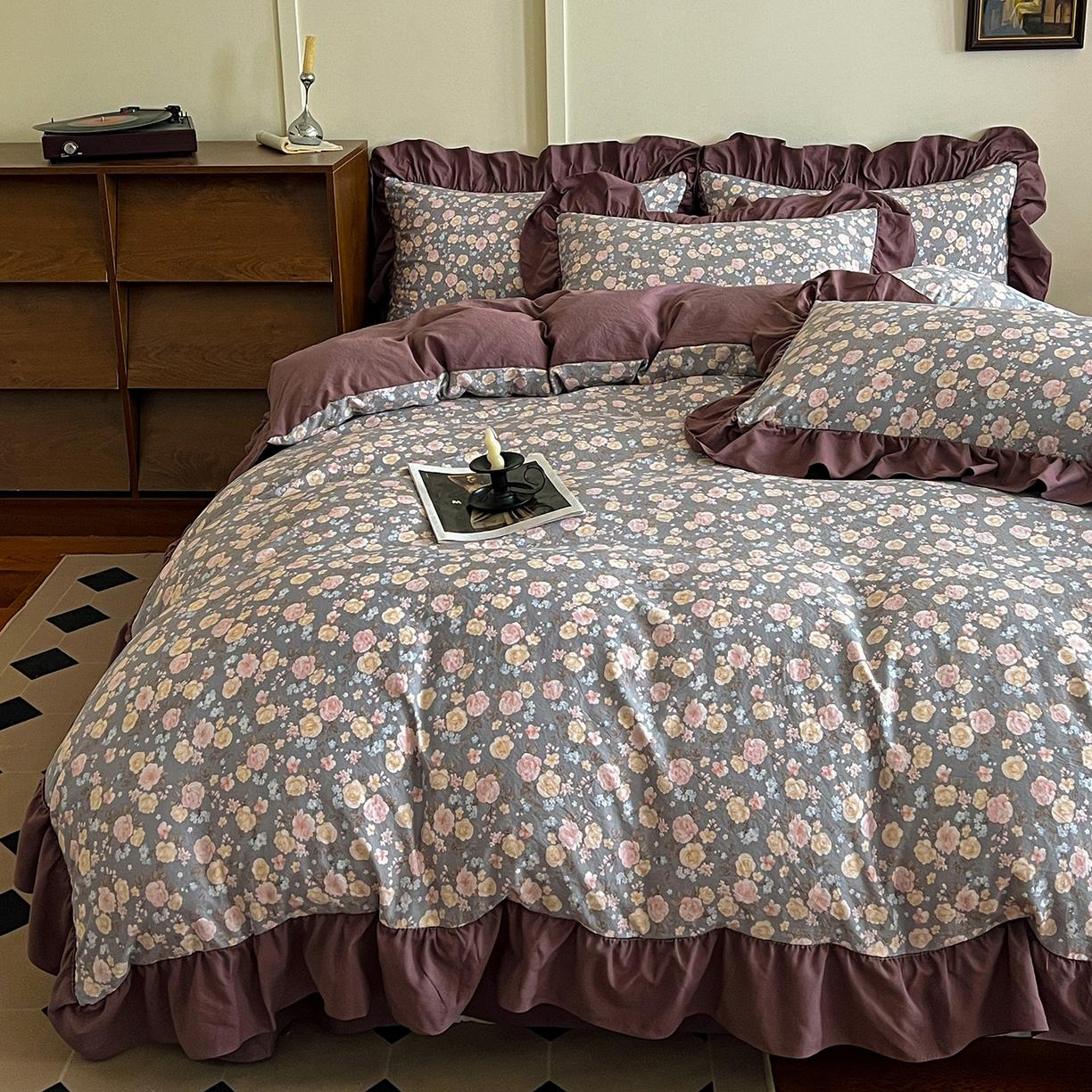 梦莱斯 2025新款高克重云感棉四件套-花边款 花盏灰