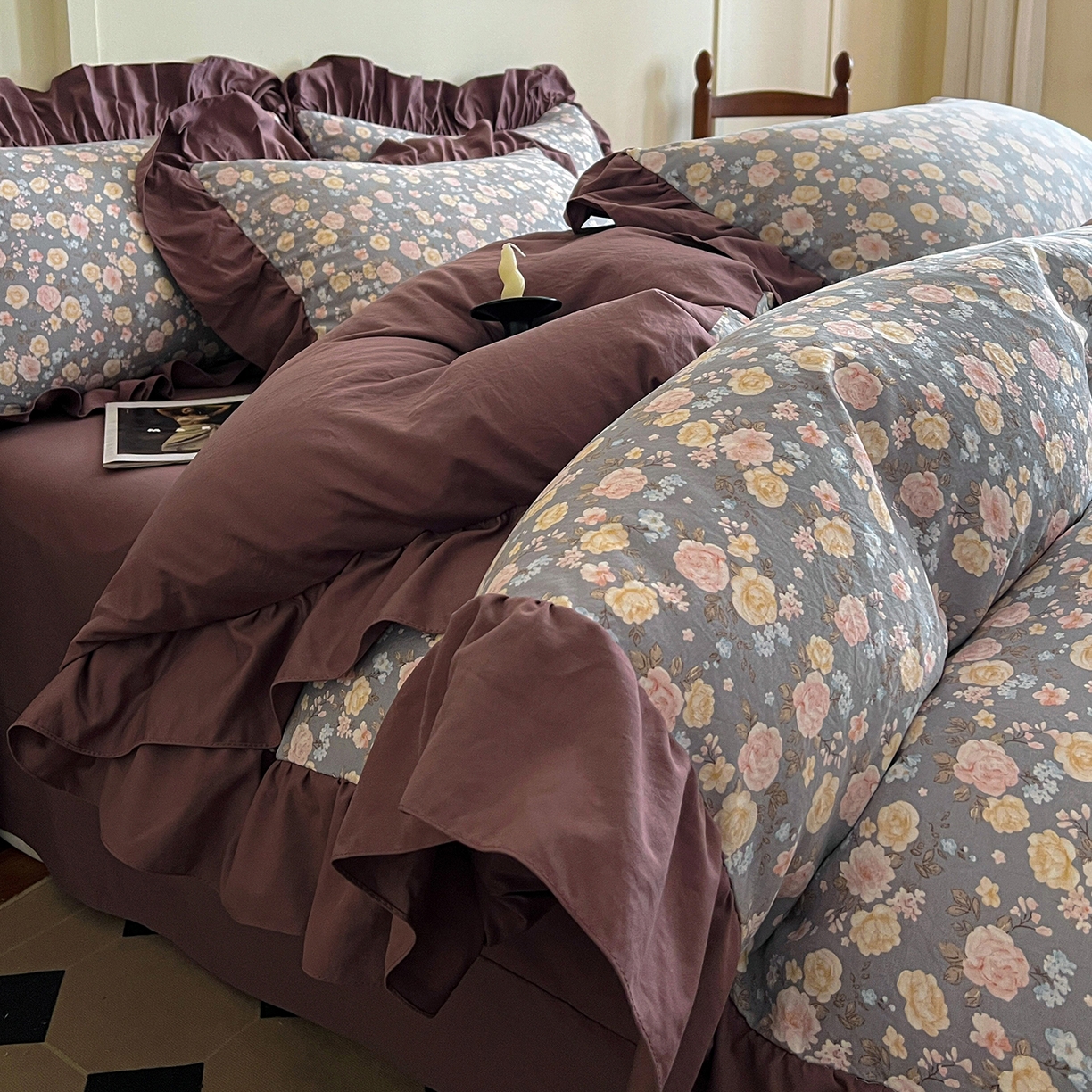 91家纺网 家纺一手货源 找家纺 梦莱斯 2025新款高克重云感棉四件套-花边款 花盏灰