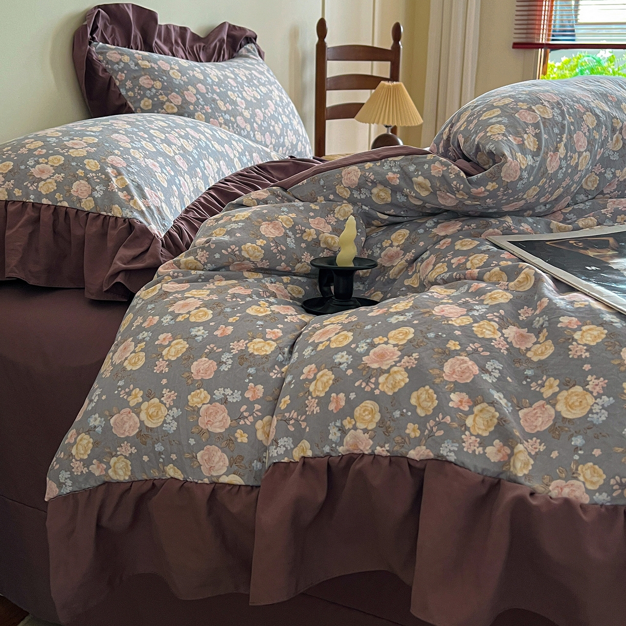 91家纺网 家纺一手货源 找家纺 梦莱斯 2025新款高克重云感棉四件套-花边款 花盏灰