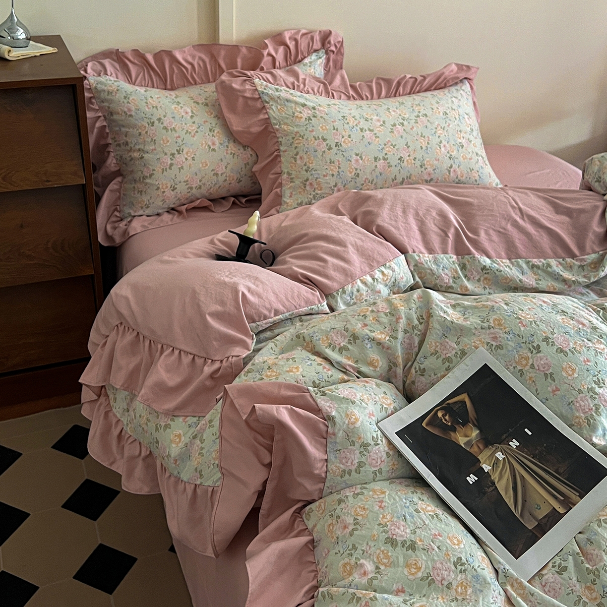 91家纺网 家纺一手货源 找家纺 梦莱斯 2025新款高克重云感棉四件套-花边款 花盖绿