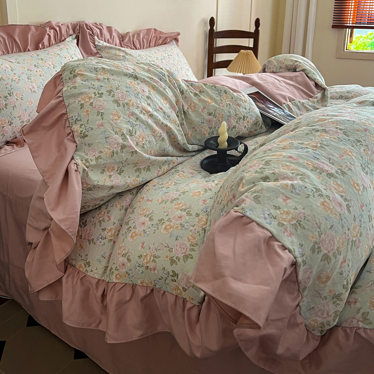 91家纺网 家纺一手货源 找家纺 梦莱斯 2025新款高克重云感棉四件套-花边款 花盖绿