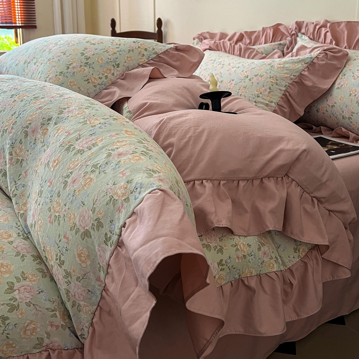 91家纺网 家纺一手货源 找家纺 梦莱斯 2025新款高克重云感棉四件套-花边款 花盖绿