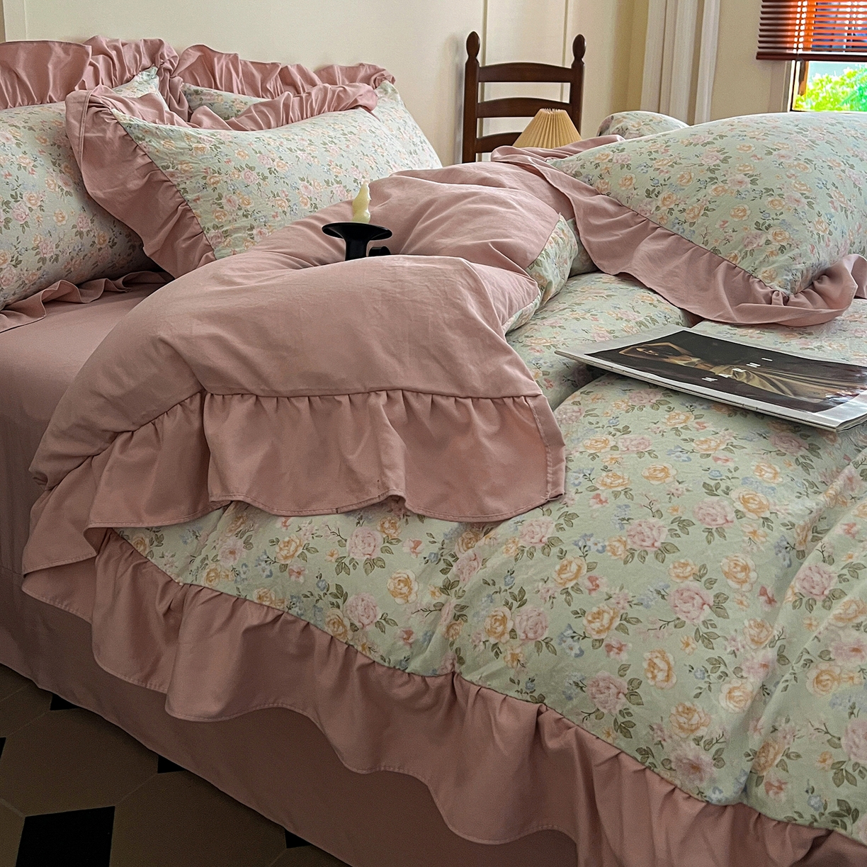 91家纺网 家纺一手货源 找家纺 梦莱斯 2025新款高克重云感棉四件套-花边款 花盖绿