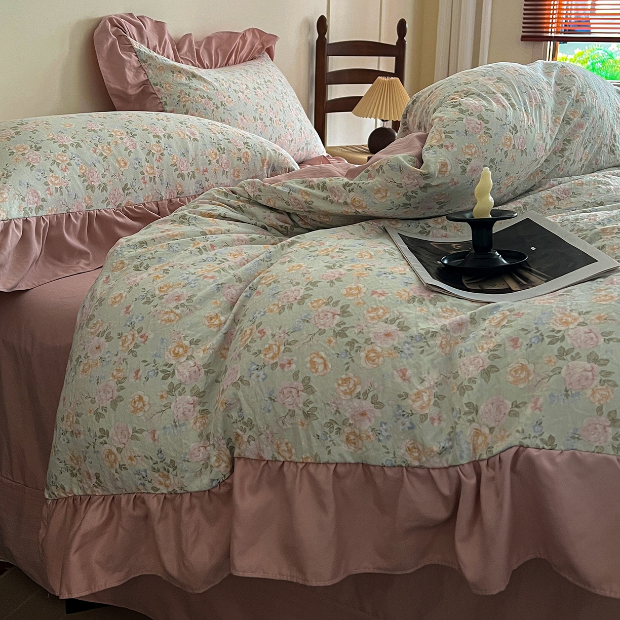 91家纺网 家纺一手货源 找家纺 梦莱斯 2025新款高克重云感棉四件套-花边款 花盖绿