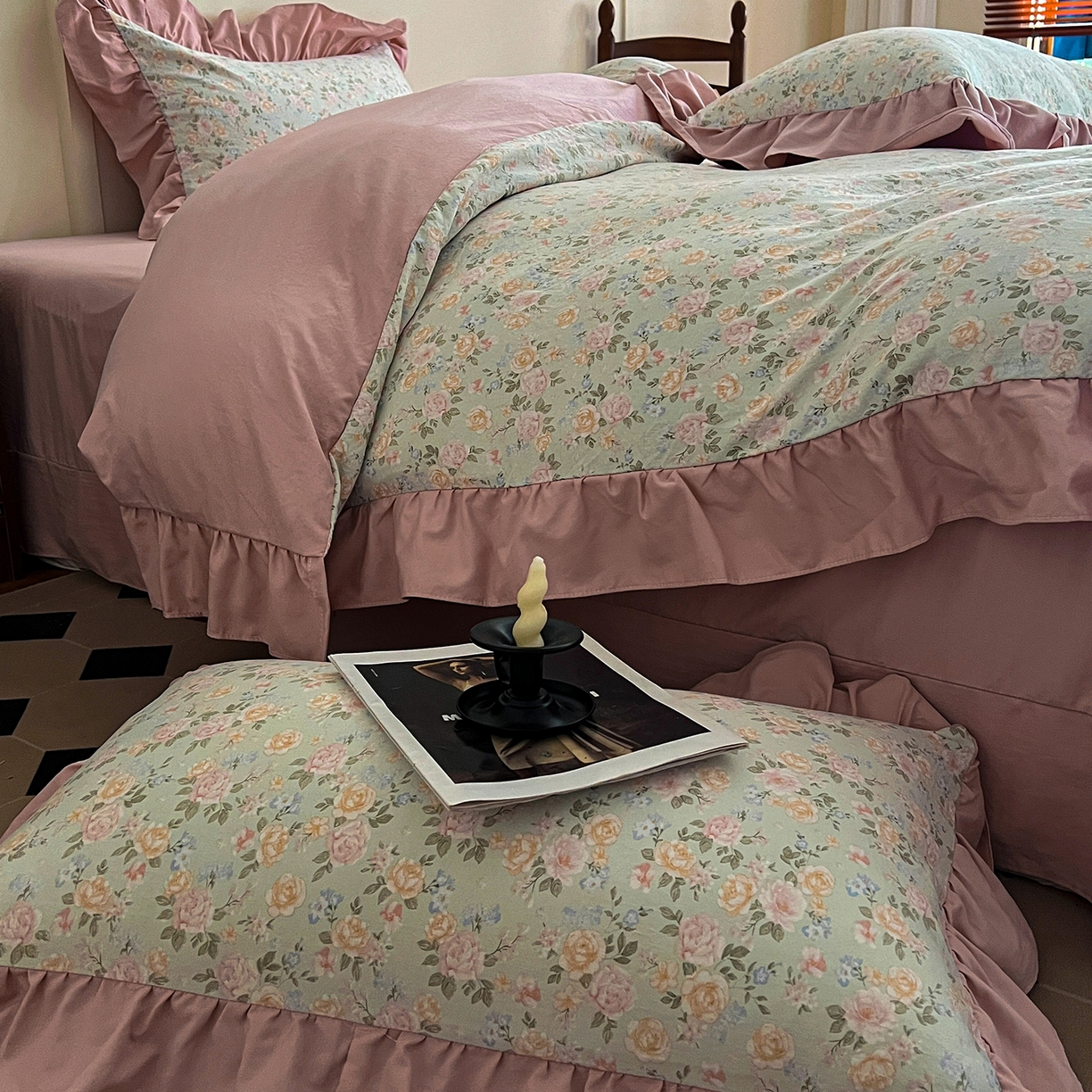 91家纺网 家纺一手货源 找家纺 梦莱斯 2025新款高克重云感棉四件套-花边款 花盖绿