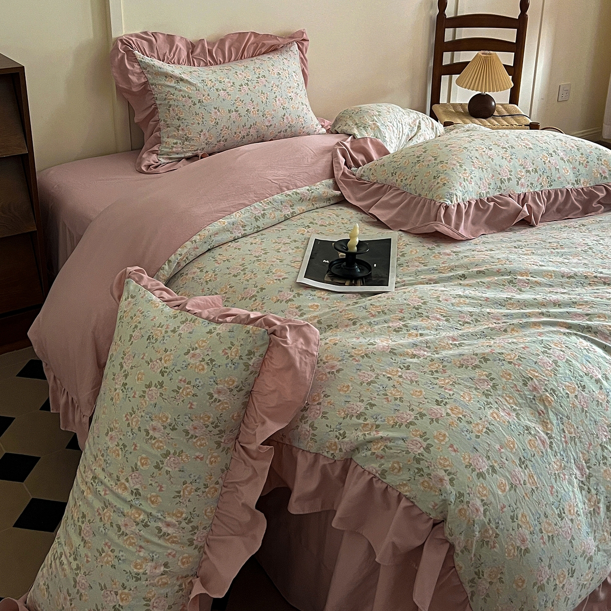 91家纺网 家纺一手货源 找家纺 梦莱斯 2025新款高克重云感棉四件套-花边款 花盖绿