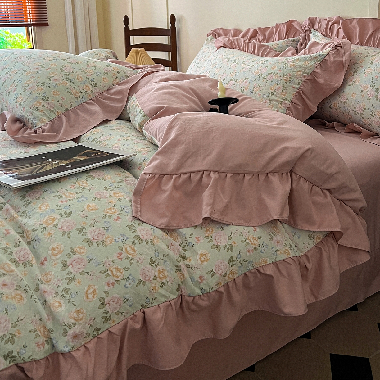 91家纺网 家纺一手货源 找家纺 梦莱斯 2025新款高克重云感棉四件套-花边款 花盖绿