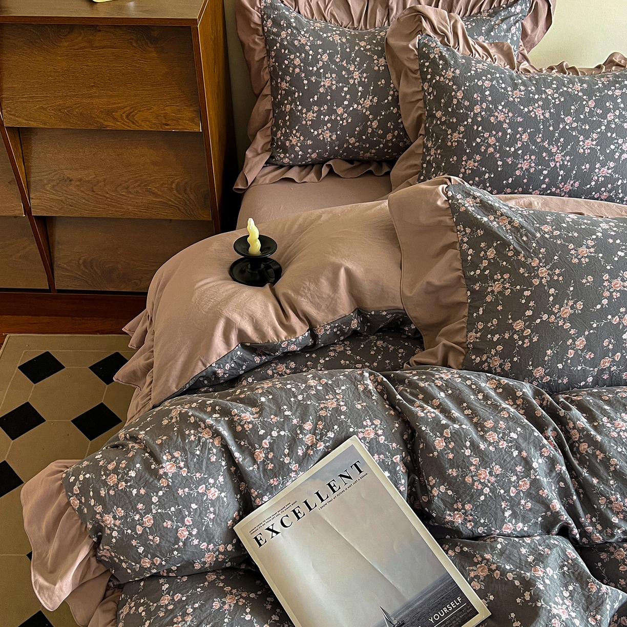 91家纺网 家纺一手货源 找家纺 梦莱斯 2025新款高克重云感棉四件套-花边款 罗逸维绿