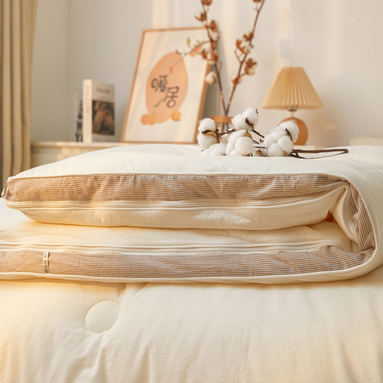 91家纺网 家纺一手货源 找家纺 创优家纺 2025新款专版100%棉花被子母被春秋被冬被被子被芯拉链二合一子母被双胎被秋冬 新疆棉子母被-米白