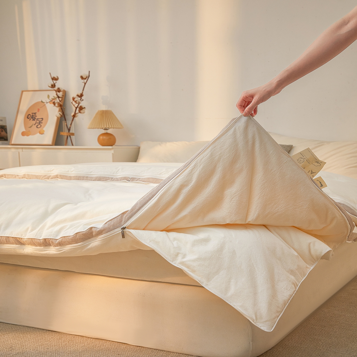 91家纺网 家纺一手货源 找家纺 创优家纺 2025新款专版100%棉花被子母被春秋被冬被被子被芯拉链二合一子母被双胎被秋冬 新疆棉子母被-米白