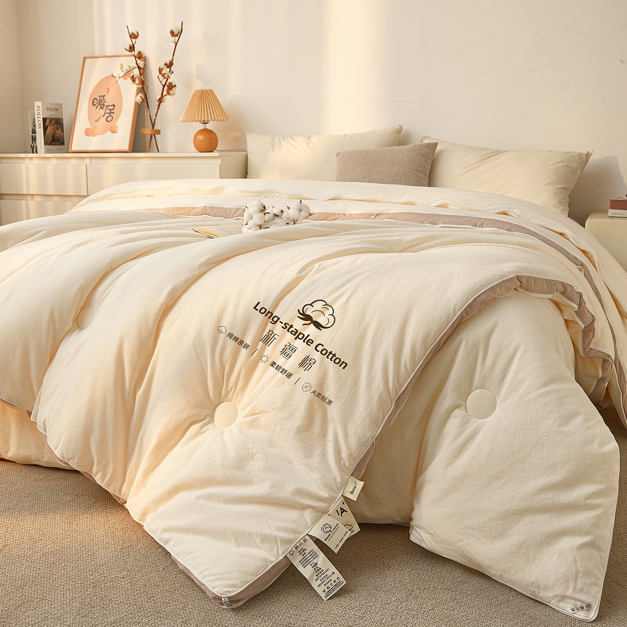 91家纺网 家纺一手货源 找家纺 创优家纺 2025新款专版100%棉花被子母被春秋被冬被被子被芯拉链二合一子母被双胎被秋冬 新疆棉子母被-米白