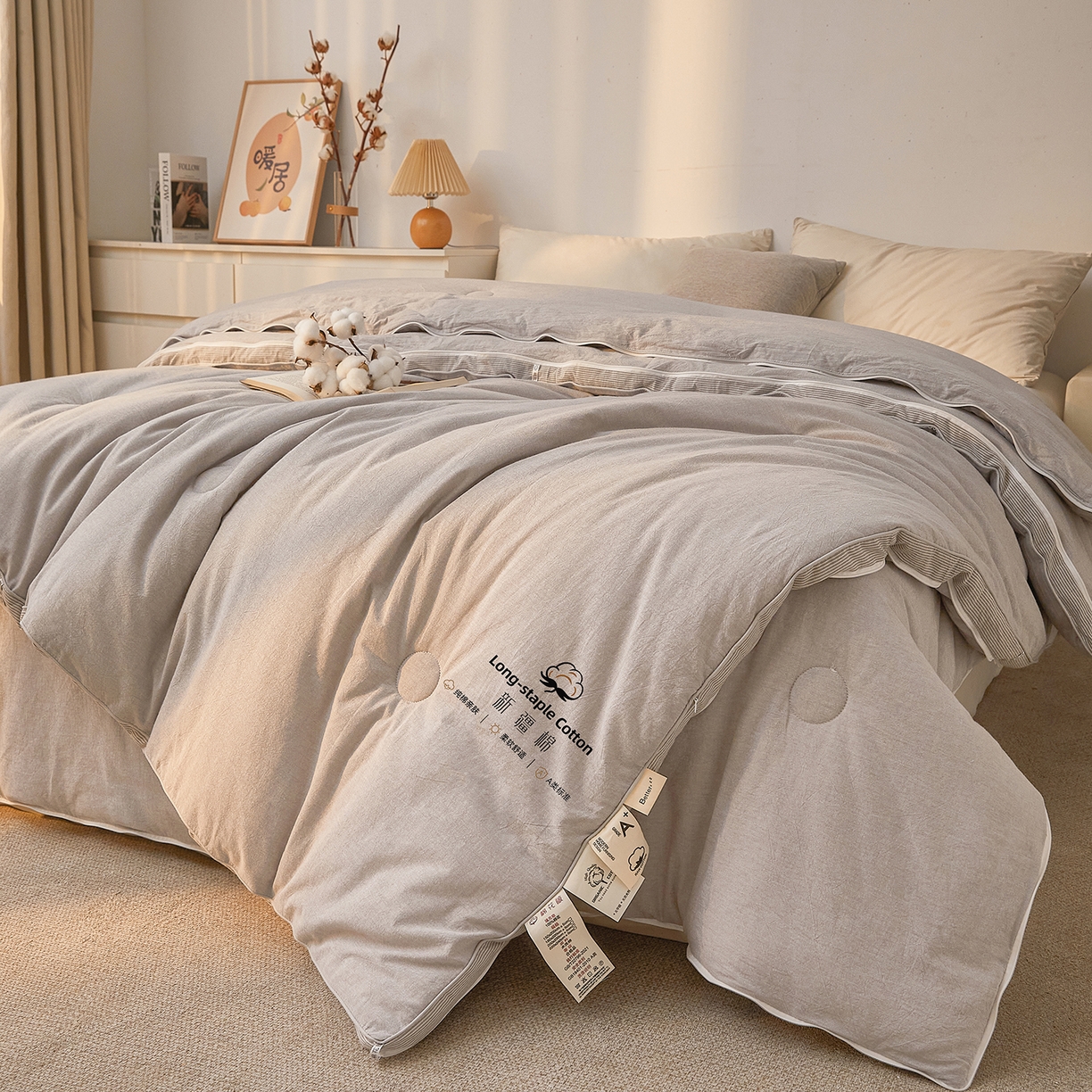 91家纺网 家纺一手货源 找家纺 创优家纺 2025新款专版100%棉花被子母被春秋被冬被被子被芯拉链二合一子母被双胎被秋冬 新疆棉子母被-灰色