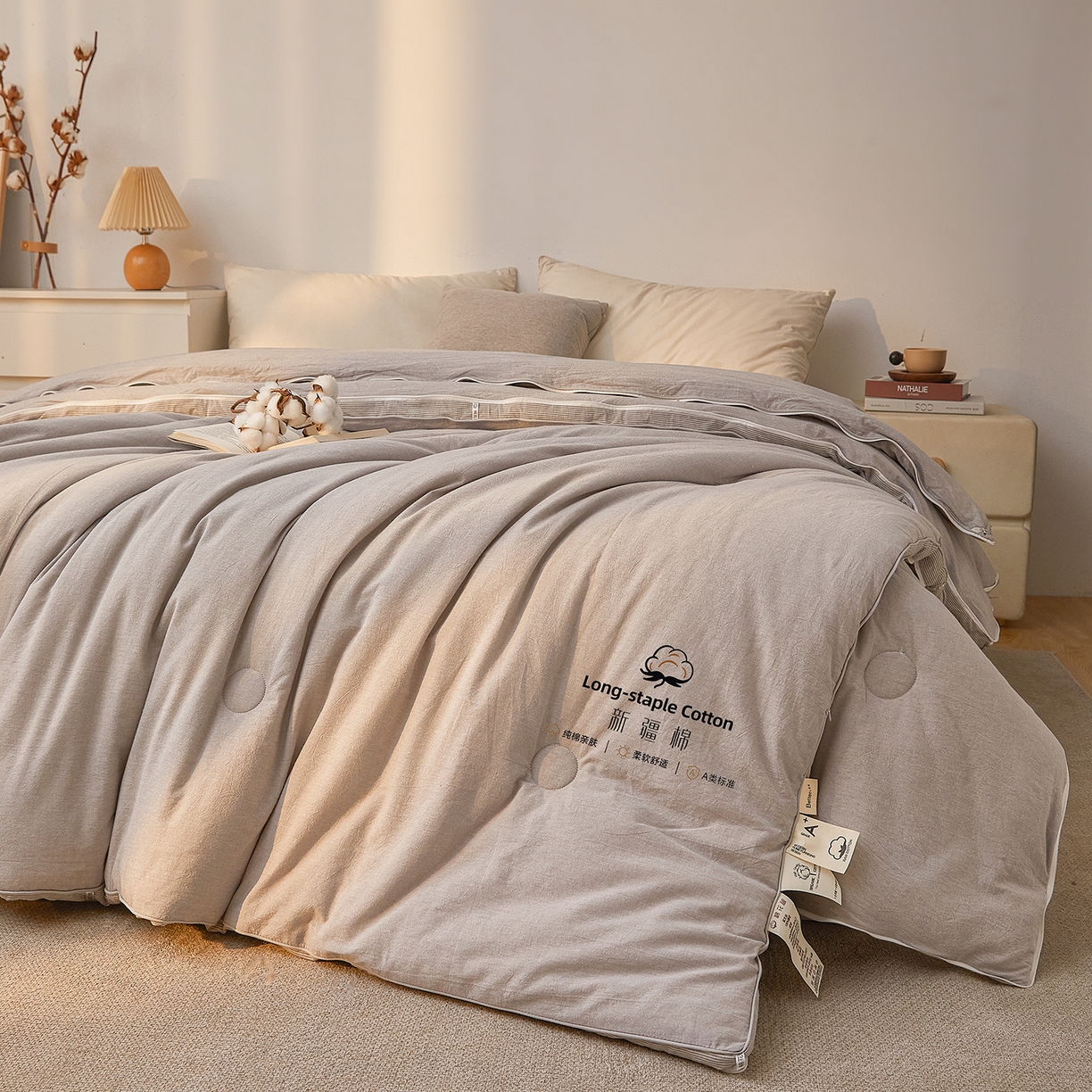 91家纺网 家纺一手货源 找家纺 创优家纺 2025新款专版100%棉花被子母被春秋被冬被被子被芯拉链二合一子母被双胎被秋冬 新疆棉子母被-灰色