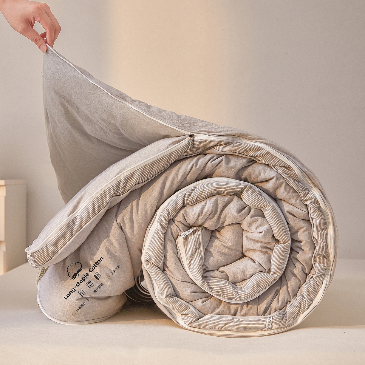 91家纺网 家纺一手货源 找家纺 创优家纺 2025新款专版100%棉花被子母被春秋被冬被被子被芯拉链二合一子母被双胎被秋冬 新疆棉子母被-灰色