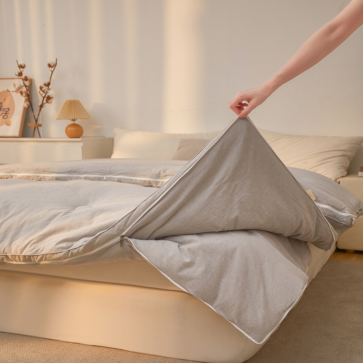 91家纺网 家纺一手货源 找家纺 创优家纺 2025新款专版100%棉花被子母被春秋被冬被被子被芯拉链二合一子母被双胎被秋冬 新疆棉子母被-灰色