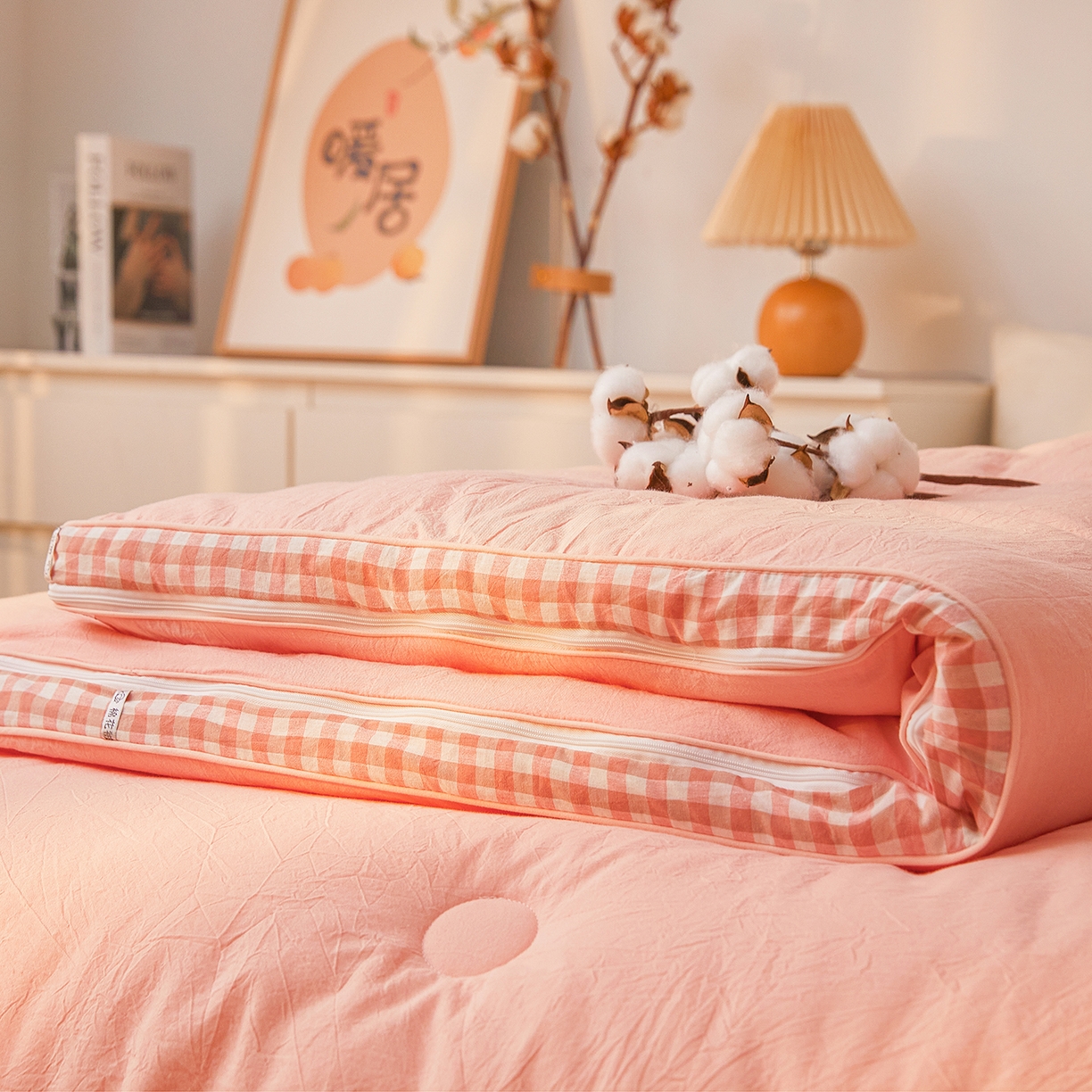 91家纺网 家纺一手货源 找家纺 创优家纺 2025新款专版100%棉花被子母被春秋被冬被被子被芯拉链二合一子母被双胎被秋冬 新疆棉子母被-粉色