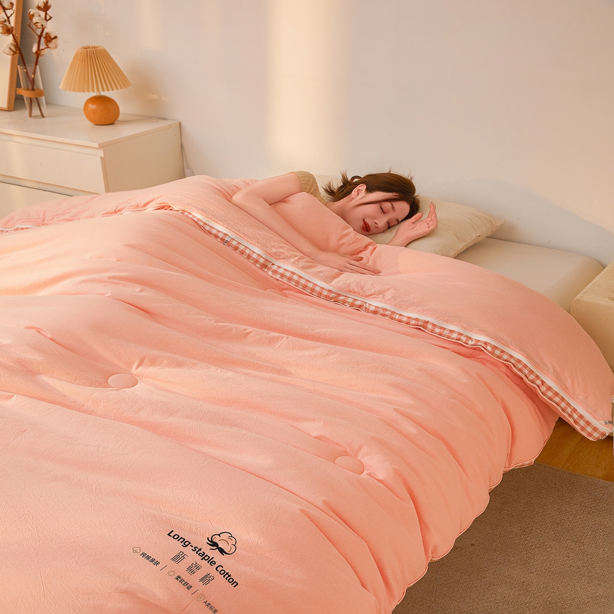 91家纺网 家纺一手货源 找家纺 创优家纺 2025新款专版100%棉花被子母被春秋被冬被被子被芯拉链二合一子母被双胎被秋冬 新疆棉子母被-粉色