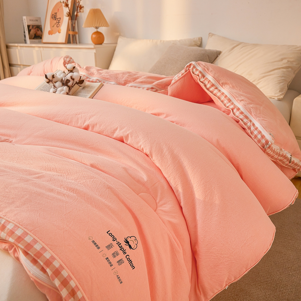 91家纺网 家纺一手货源 找家纺 创优家纺 2025新款专版100%棉花被子母被春秋被冬被被子被芯拉链二合一子母被双胎被秋冬 新疆棉子母被-粉色