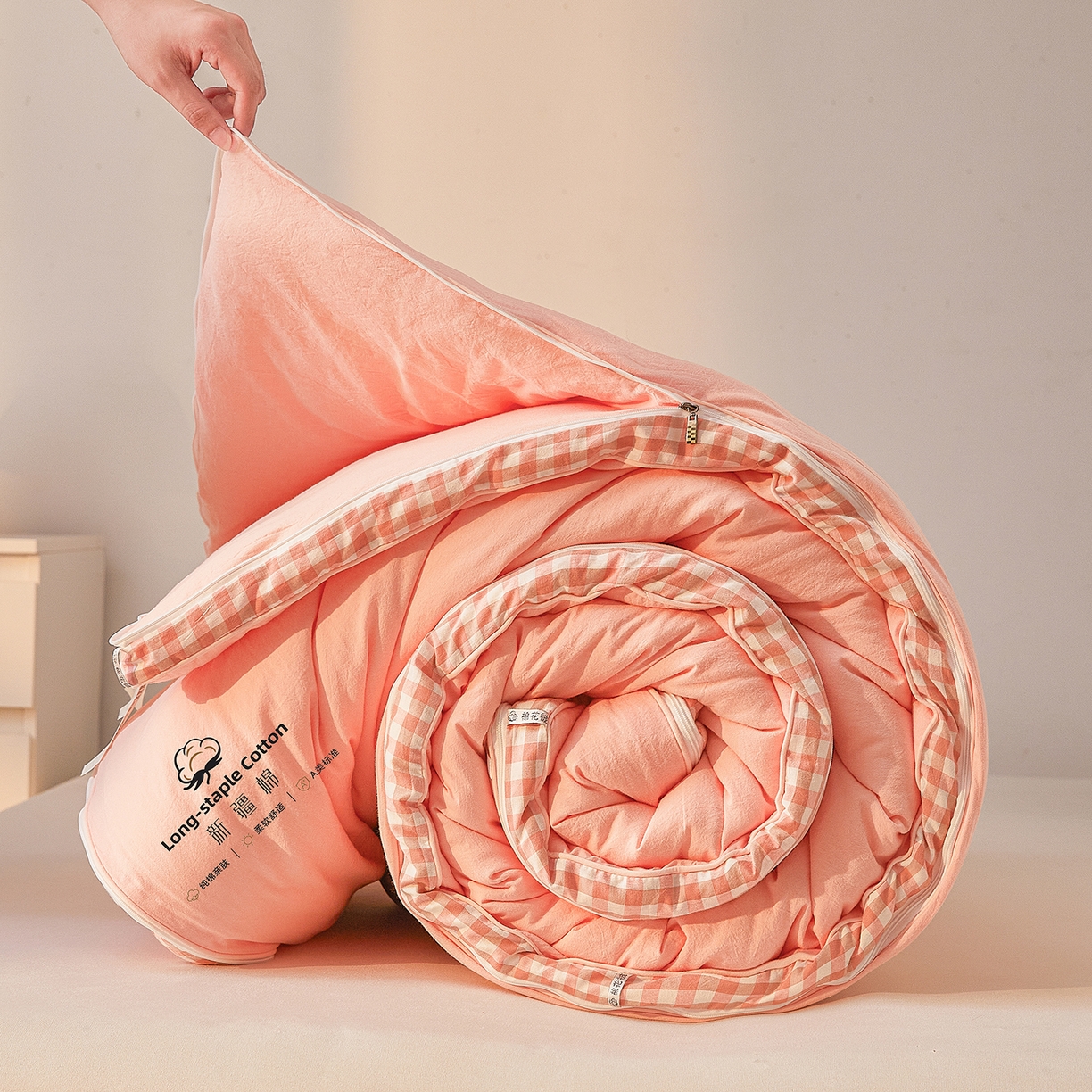 91家纺网 家纺一手货源 找家纺 创优家纺 2025新款专版100%棉花被子母被春秋被冬被被子被芯拉链二合一子母被双胎被秋冬 新疆棉子母被-粉色