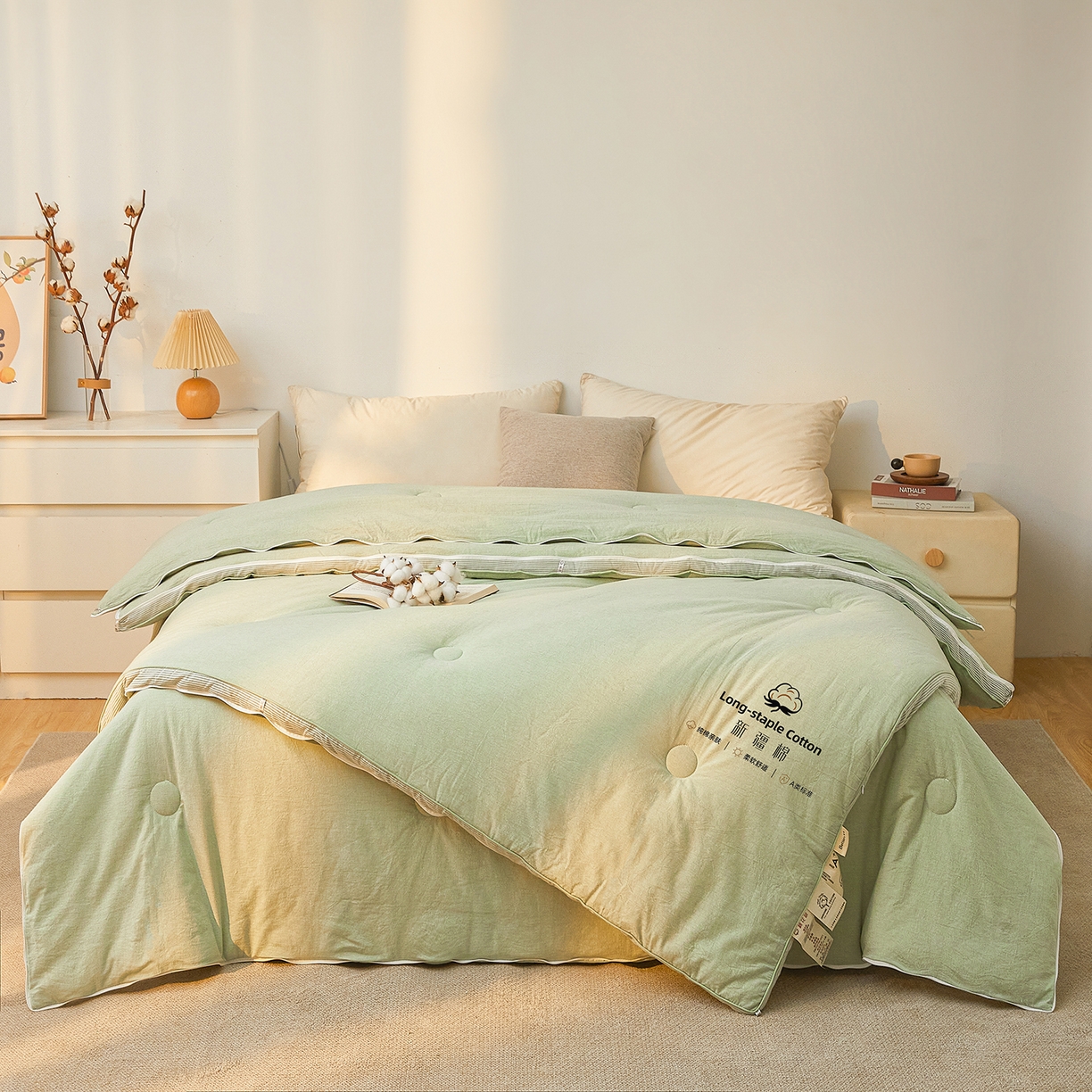91家纺网 家纺一手货源 找家纺 创优家纺 2025新款专版100%棉花被子母被春秋被冬被被子被芯拉链二合一子母被双胎被秋冬 新疆棉子母被-松绿