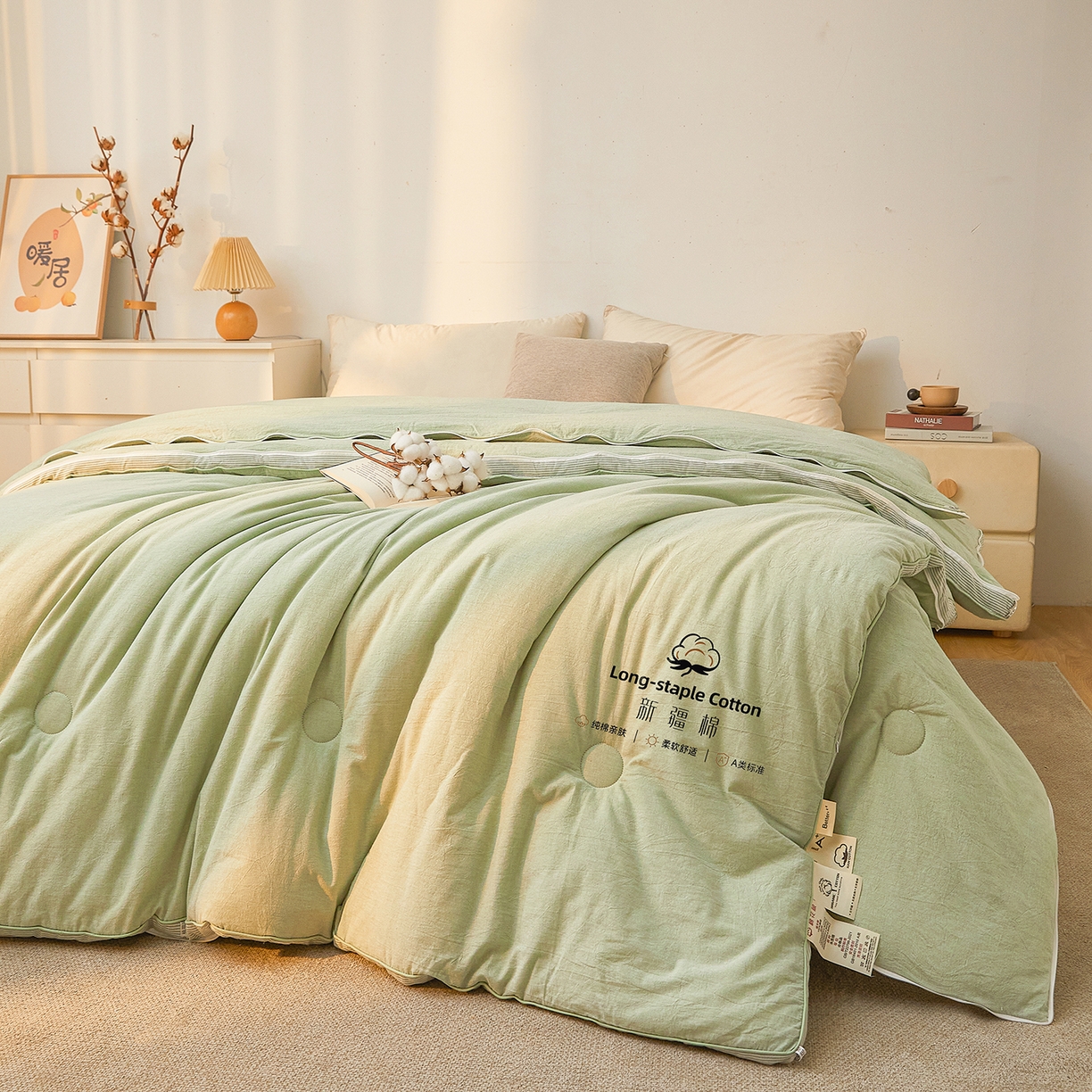 91家纺网 家纺一手货源 找家纺 创优家纺 2025新款专版100%棉花被子母被春秋被冬被被子被芯拉链二合一子母被双胎被秋冬 新疆棉子母被-松绿