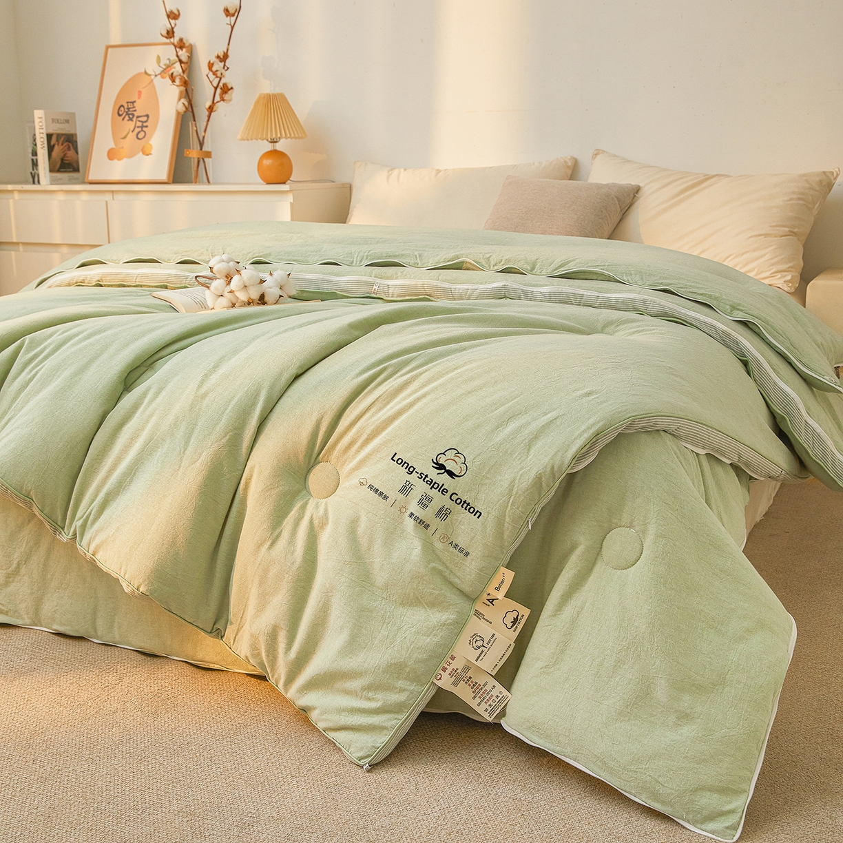91家纺网 家纺一手货源 找家纺 创优家纺 2025新款专版100%棉花被子母被春秋被冬被被子被芯拉链二合一子母被双胎被秋冬 新疆棉子母被-松绿