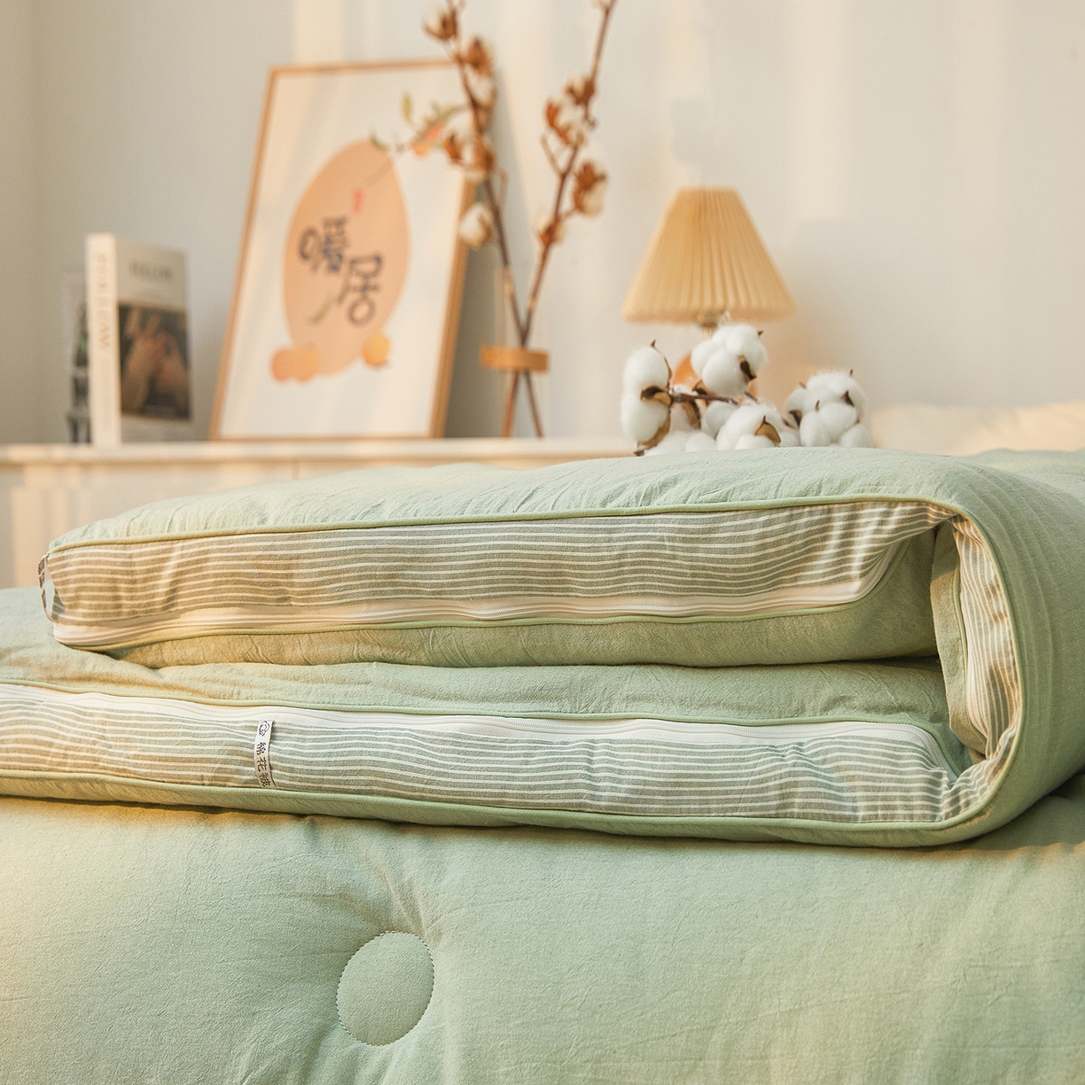 91家纺网 家纺一手货源 找家纺 创优家纺 2025新款专版100%棉花被子母被春秋被冬被被子被芯拉链二合一子母被双胎被秋冬 新疆棉子母被-松绿