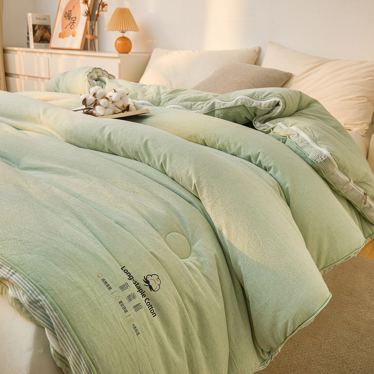 91家纺网 家纺一手货源 找家纺 创优家纺 2025新款专版100%棉花被子母被春秋被冬被被子被芯拉链二合一子母被双胎被秋冬 新疆棉子母被-松绿