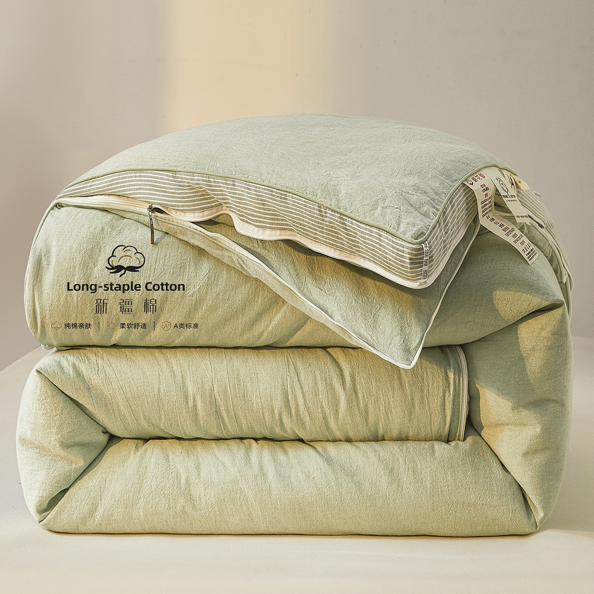 91家纺网 家纺一手货源 找家纺 创优家纺 2025新款专版100%棉花被子母被春秋被冬被被子被芯拉链二合一子母被双胎被秋冬 新疆棉子母被-松绿