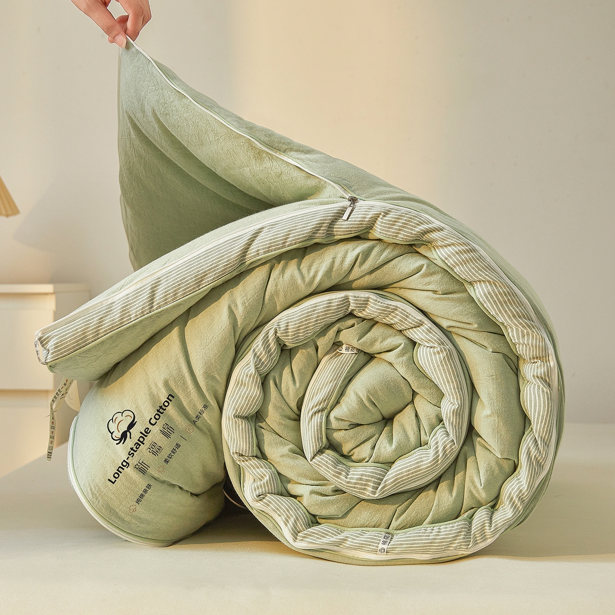 91家纺网 家纺一手货源 找家纺 创优家纺 2025新款专版100%棉花被子母被春秋被冬被被子被芯拉链二合一子母被双胎被秋冬 新疆棉子母被-松绿