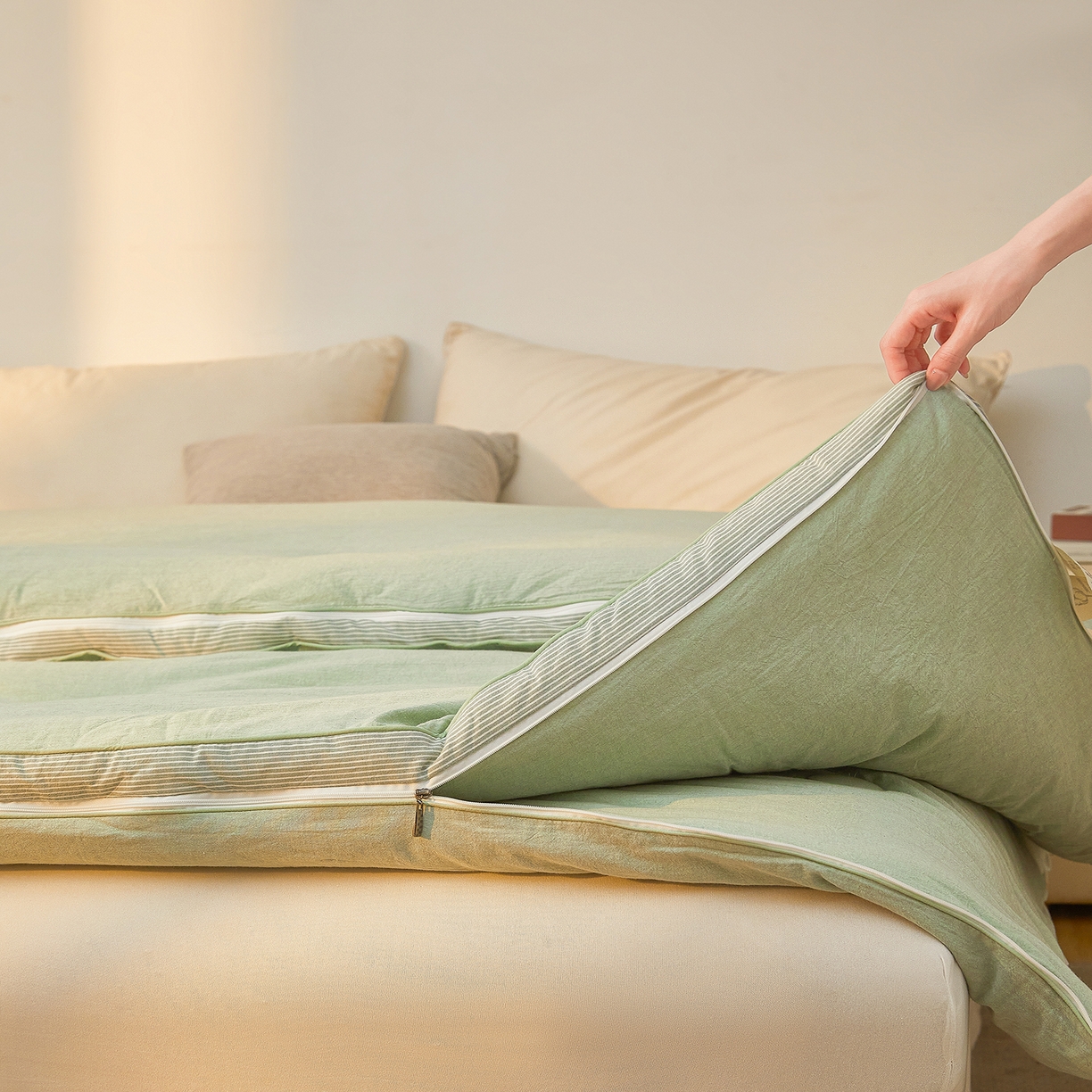 91家纺网 家纺一手货源 找家纺 创优家纺 2025新款专版100%棉花被子母被春秋被冬被被子被芯拉链二合一子母被双胎被秋冬 新疆棉子母被-松绿