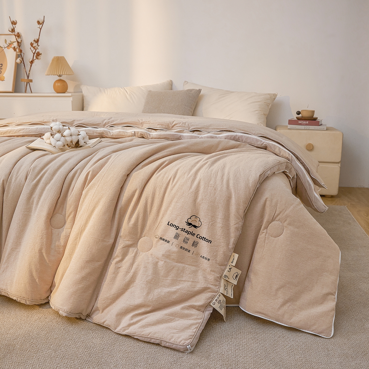 91家纺网 家纺一手货源 找家纺 创优家纺 2025新款专版100%棉花被子母被春秋被冬被被子被芯拉链二合一子母被双胎被秋冬 新疆棉子母被-卡其