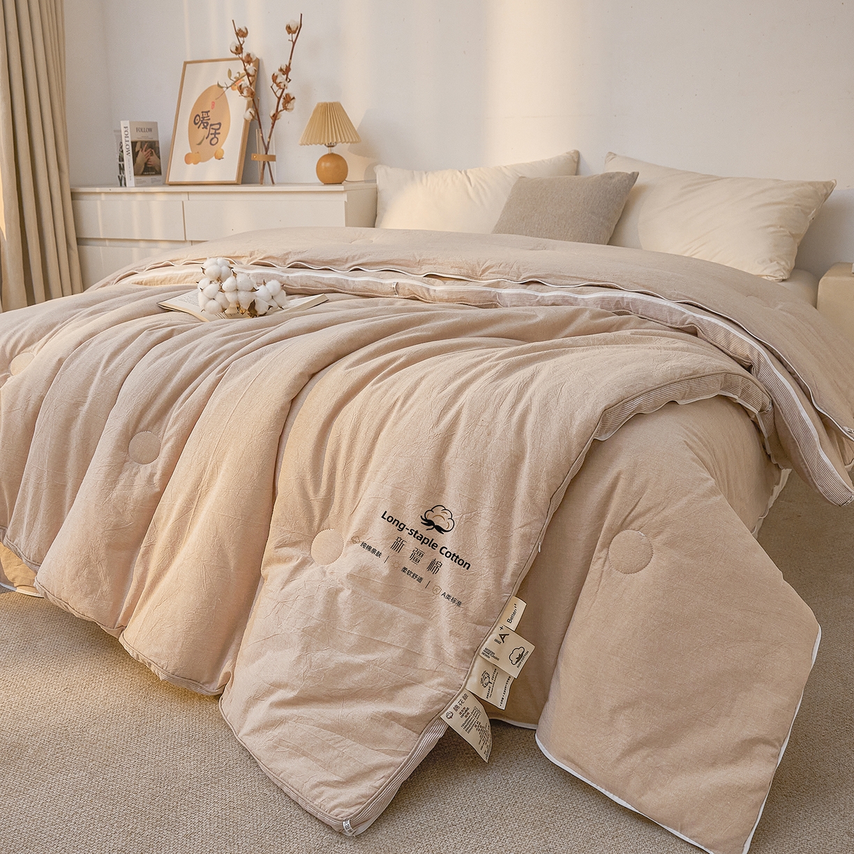 91家纺网 家纺一手货源 找家纺 创优家纺 2025新款专版100%棉花被子母被春秋被冬被被子被芯拉链二合一子母被双胎被秋冬 新疆棉子母被-卡其