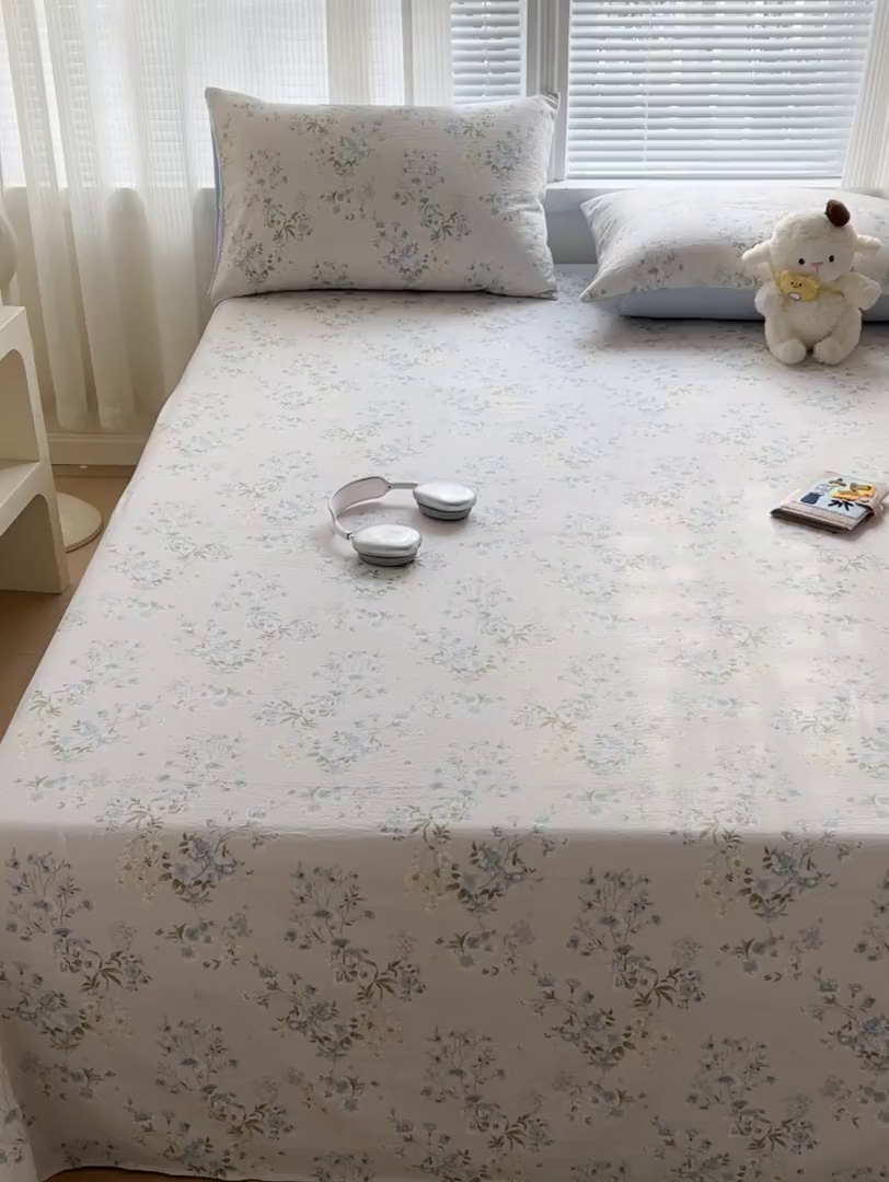 91家纺网 家纺一手货源 找家纺 格真 2025新款A类云感木棉皱皱双层纱床单单床单床单单品床单三件套 长相思兰