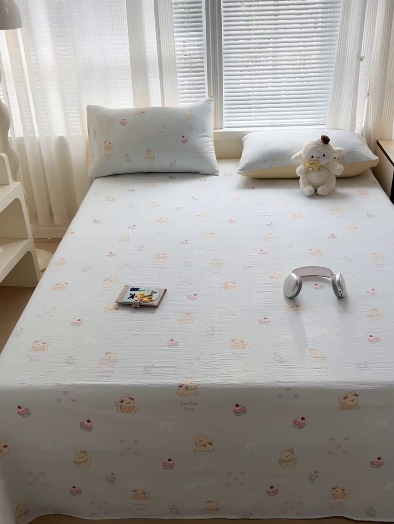 91家纺网 家纺一手货源 找家纺 格真 2025新款A类云感木棉皱皱双层纱床单单床单床单单品床单三件套 西高地