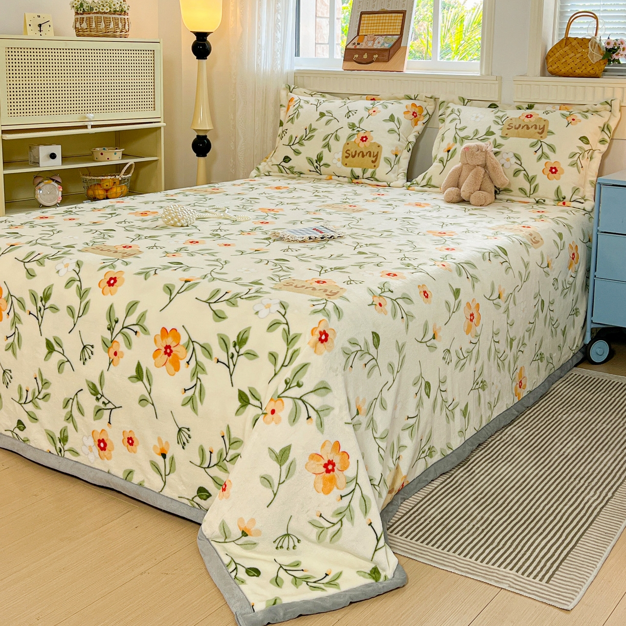 91家纺网 家纺一手货源 找家纺 启发 2025新款高克重双面牛奶绒印花系列床单三件套 春晓