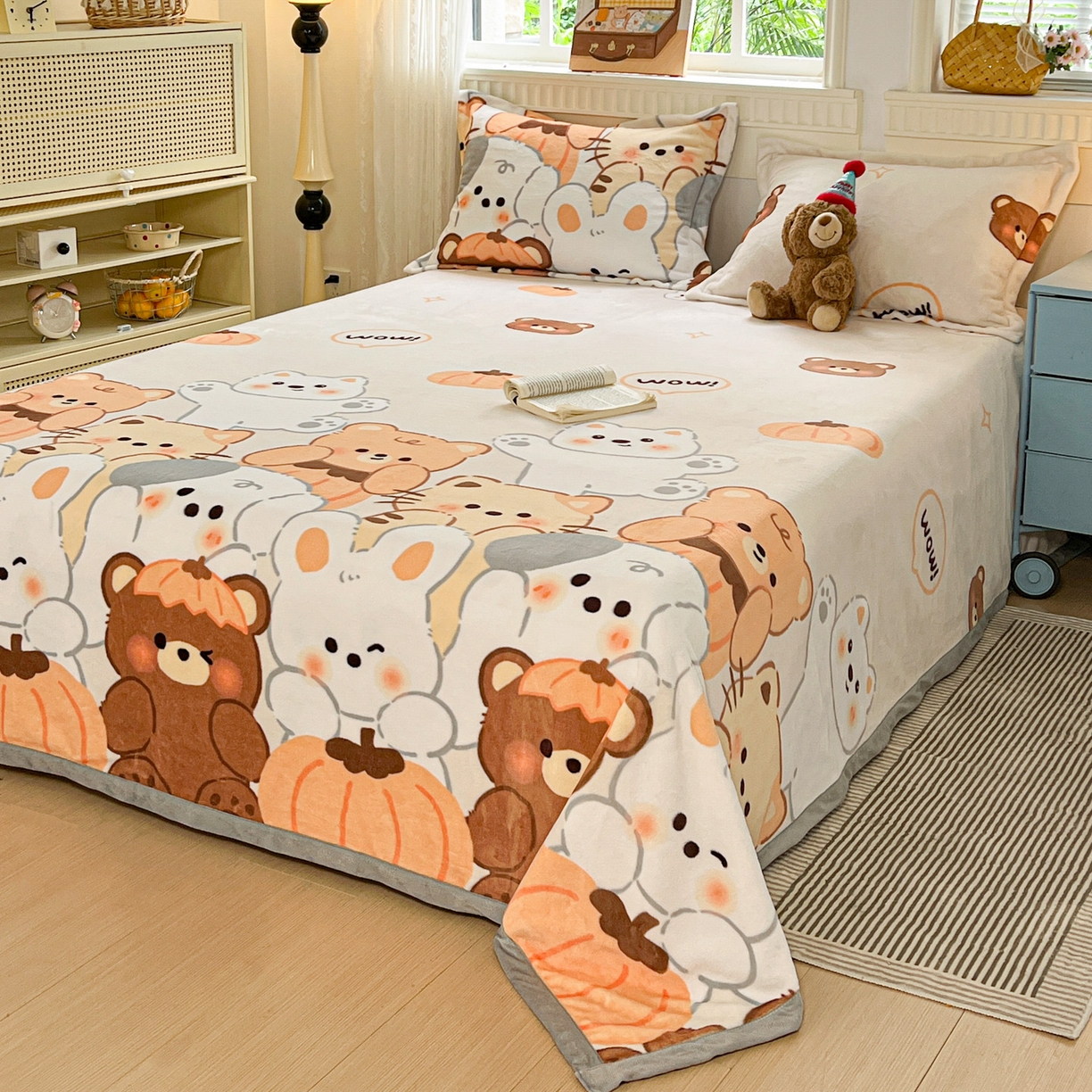 91家纺网 家纺一手货源 找家纺 启发 2025新款高克重双面牛奶绒印花系列床单三件套 动物派对