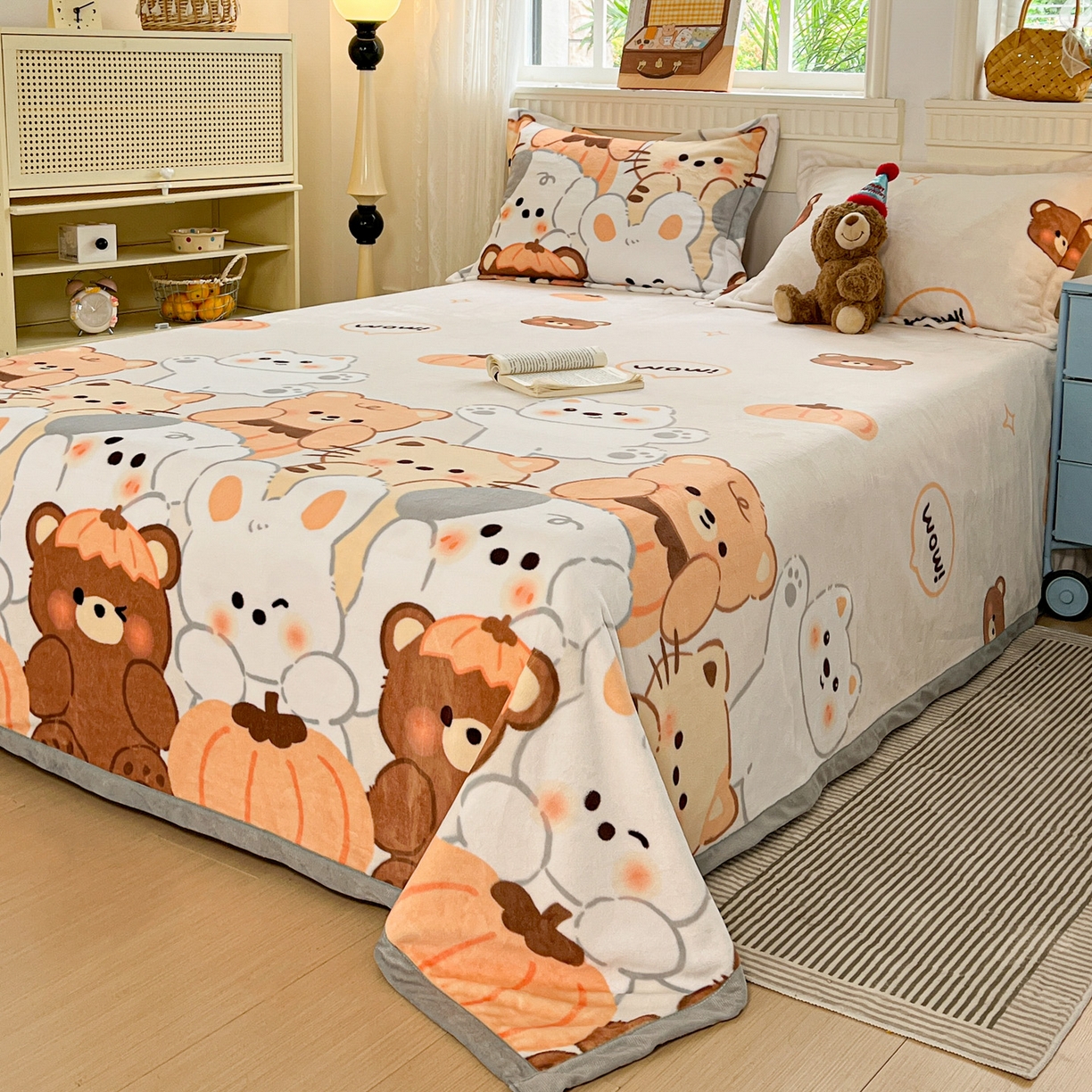 91家纺网 家纺一手货源 找家纺 启发 2025新款高克重双面牛奶绒印花系列床单三件套 动物派对