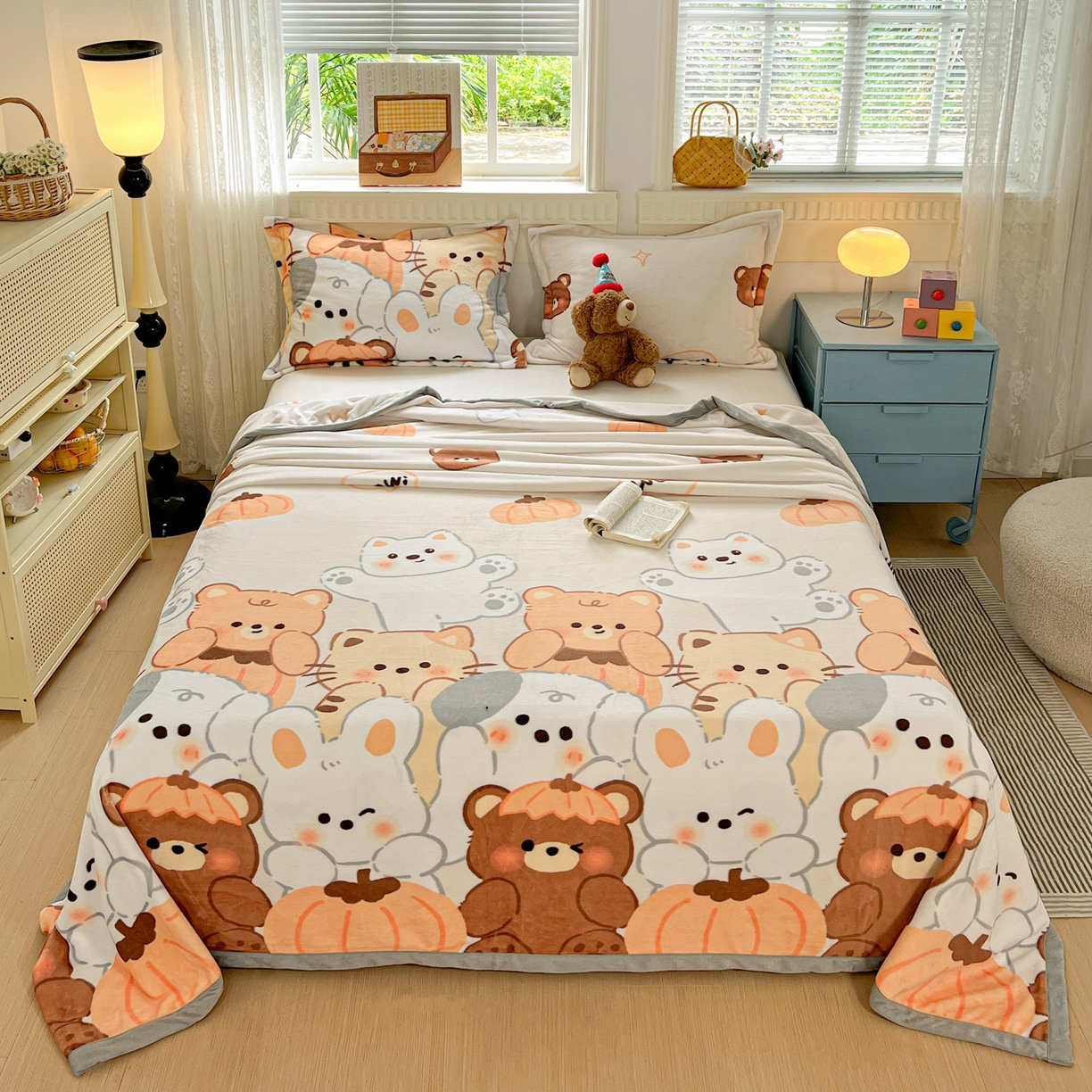 91家纺网 家纺一手货源 找家纺 启发 2025新款高克重双面牛奶绒印花系列床单三件套 动物派对