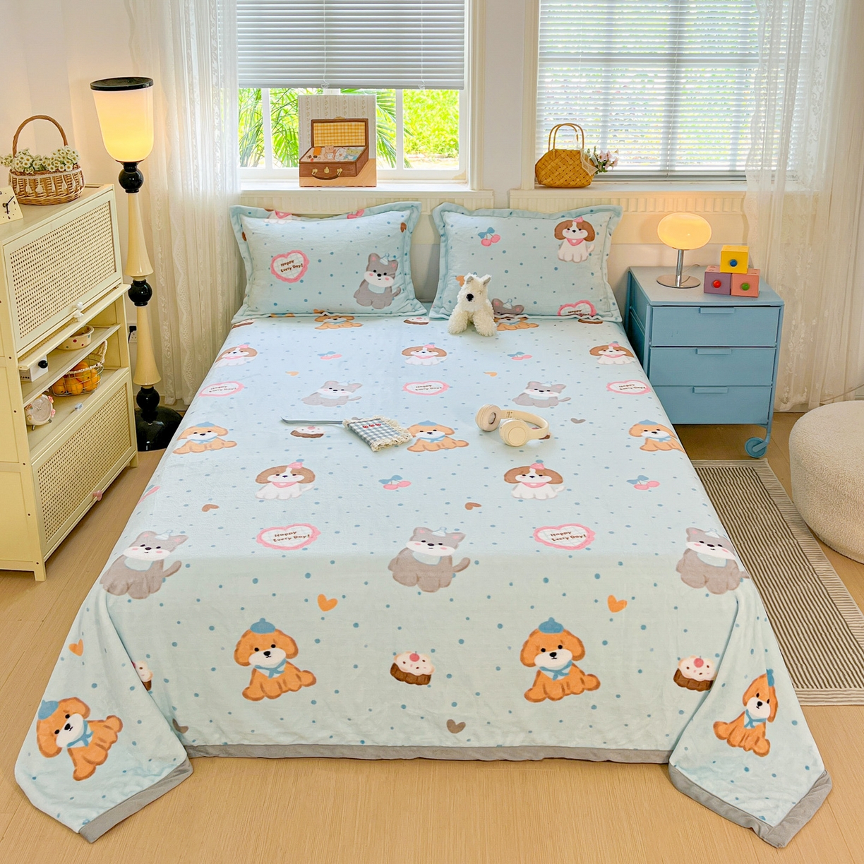 91家纺网 家纺一手货源 找家纺 启发 2025新款高克重双面牛奶绒印花系列床单三件套 开心萌宠